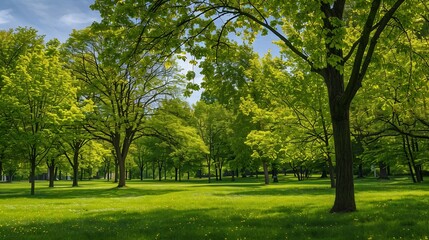 Naklejka premium deciduous trees in the park on a sunny day trees growing in the park in spring : Generative AI