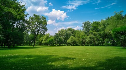 Fototapeta premium Green tree forest meadow field in city park blue sky Nature green scene background : Generative AI