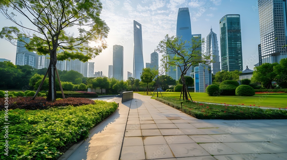 Poster city park with modern building background in shanghai : generative ai
