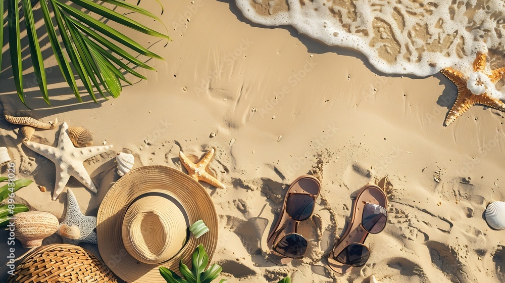 Poster top view of summer items on sand at the beach summer holiday and relaxiation concept copy space flat