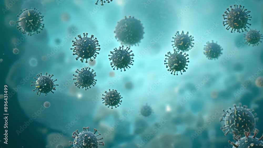 Poster a close-up view of various viruses in a fluid medium. the viruses are small and round with spikes on