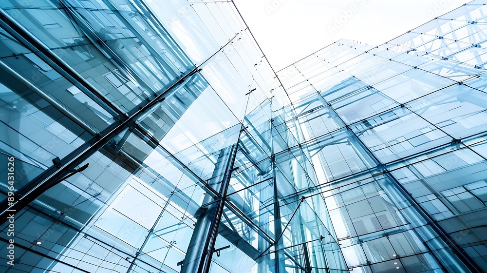 Aufkleber Architecture details of transparency glass wall and steel structure with overlapping reflection light and shadow : Generative AI