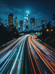 Night cityscape with blurred car lights, ideal for travel or transportation concepts