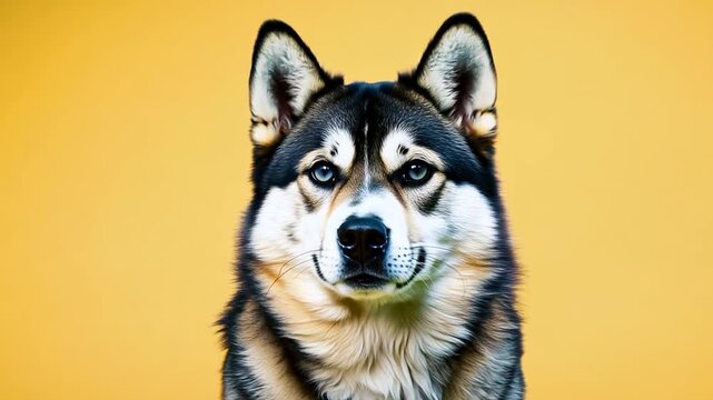 A dog with a blue eye is standing in front of a yellow background. The dog has a friendly and approachable expression, making it seem like a good companion