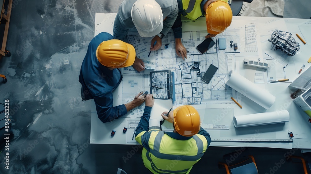 Poster Team of Industrial Engineers Lean on Office Table Analyze Machinery Blueprints Architectural Problem Solving Consult Project on Tablet Computer Inspect Metal Component Flat Lay Top Dow : Generative AI
