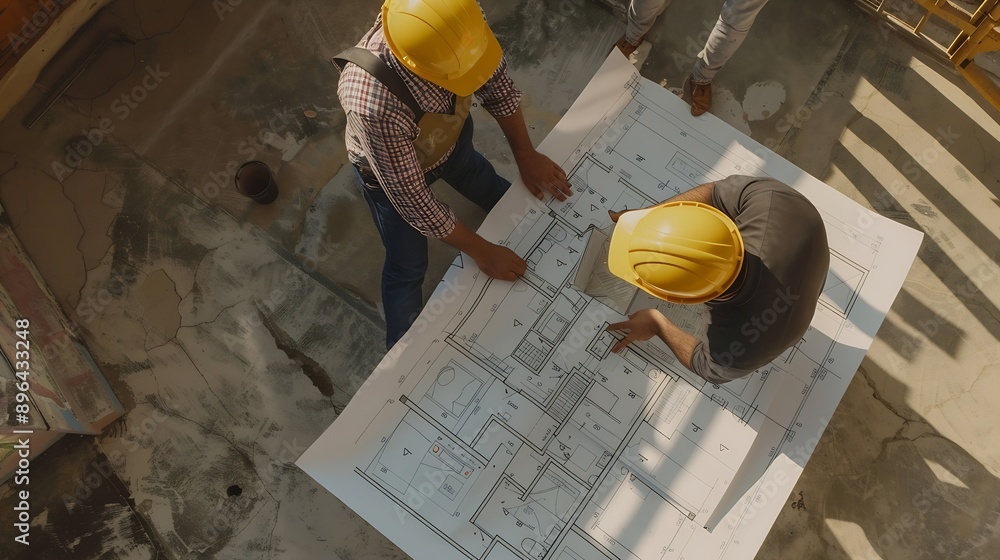 Fototapete top down view of skilled engineer team compare between blueprint and house plan aerial view of group