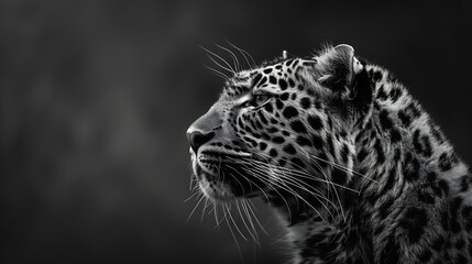 Obraz premium Amur leopard Panthera pardus orientalis Artistic Black and white portrait of leopard high contrast direct view animal is looking to the left dark blurred background : Generative AI
