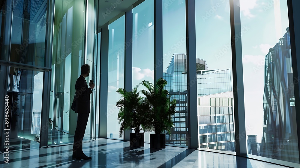 Poster businessman using mobile phone to talk business in office view from the outside 3d rendering commerc