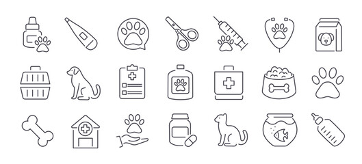 Veterinary clinic and pet care minimal thin line icon set. Editable stroke