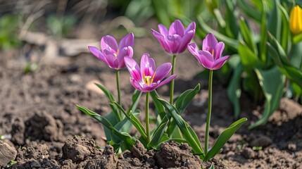 Obraz premium Violetpink Miscellaneous lowgrowing tulips Tulipa humilis Violacea bloom in a garden in March : Generative AI