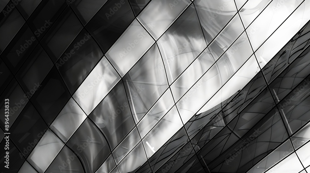Aufkleber Modern architecture Abstract pattern of shadows and light on curved diagonal lines of contemporary facadeFragment of the facade of glass building : Generative AI