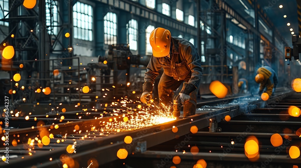 Poster workers in a shed, doing heavy work with lots of steel, sparks and heavy tools : generative ai
