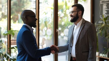 Two diverse professional business men executive leaders shaking hands at office meeting : Generative AI