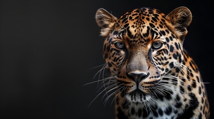 Fototapeta premium Black and white Head shot portrait of a Spotted leopard facing at the camera on a black background : Generative AI