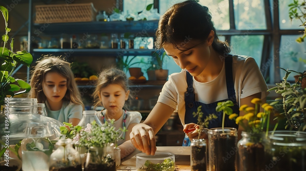 Poster science students and curious of plants children and teacher with container of sample of nature class