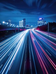 Fototapeta premium A long exposure photo of a highway at night with cars moving in the distance