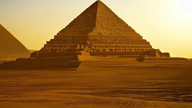 A pyramid in the desert with the sun shining on it. The pyramid is very tall and has a lot of detail
