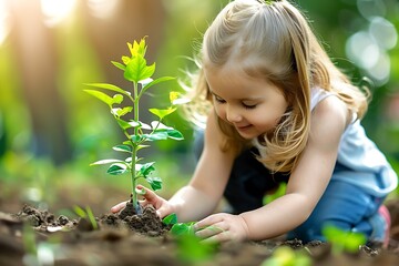 Child holding young green plant in hands. Kid lying on grass in spring park : Generative AI