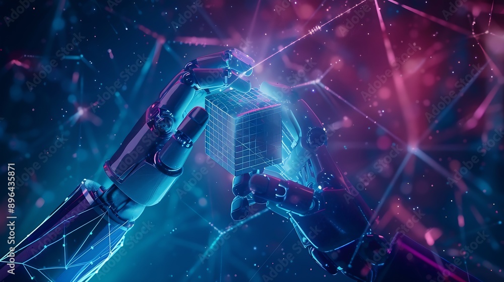 Leinwandbilder Ai technology Machine learning Chatbot Hands of robot and human Data exchange on abstract cube network connection Deep learning Innovative Business and artificial intelligence technolo : Generative AI