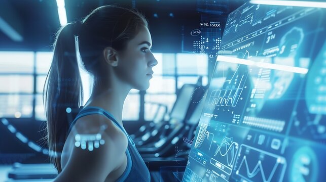 Image of data processing over caucasian woman on treadmill exercising in gym Global sports science computing digital interface and data processing concept digitally generated image : Generative AI