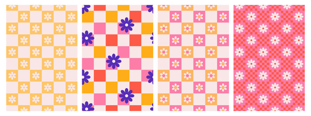 Psychedelic Checkerboard. Groovy hippie 70s background set. Trippy checkered wallpaper. Retro vector illustration in Y2k style. Funky distorted poster patterns.