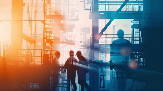 Industrial economic Business and engineering technology factory workers planning working project digital access control work holding blueprint copyspace banner double exposure abstract : Generative AI