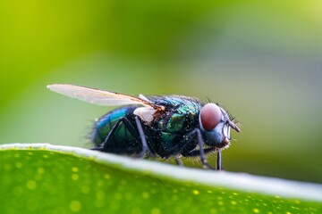 Detailed close-up macro of a shiny golden greenbottle fly sitting on a leaf. Domestic fly. close up...