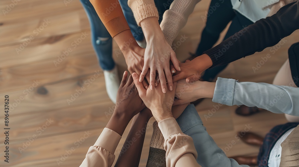 Aufkleber close up top view photo of diverse business people putting their arms together stack of hands of a g