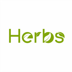 "Herbs" text logo design with an illustration of a leaf symbol on the letters.