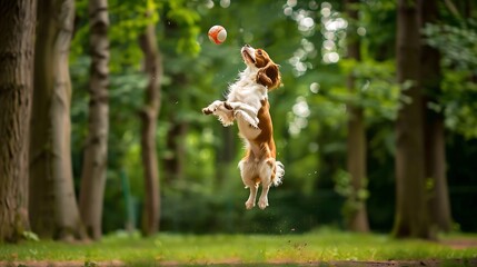 An adorable Cavalier King Charles Spaniel dog jumping and catching a ball in the park : Generative AI