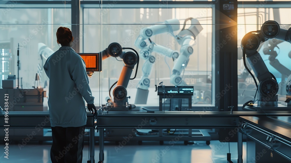 Poster Thoughtful scientist standing near robotic arms in front of window at laboratory : Generative AI