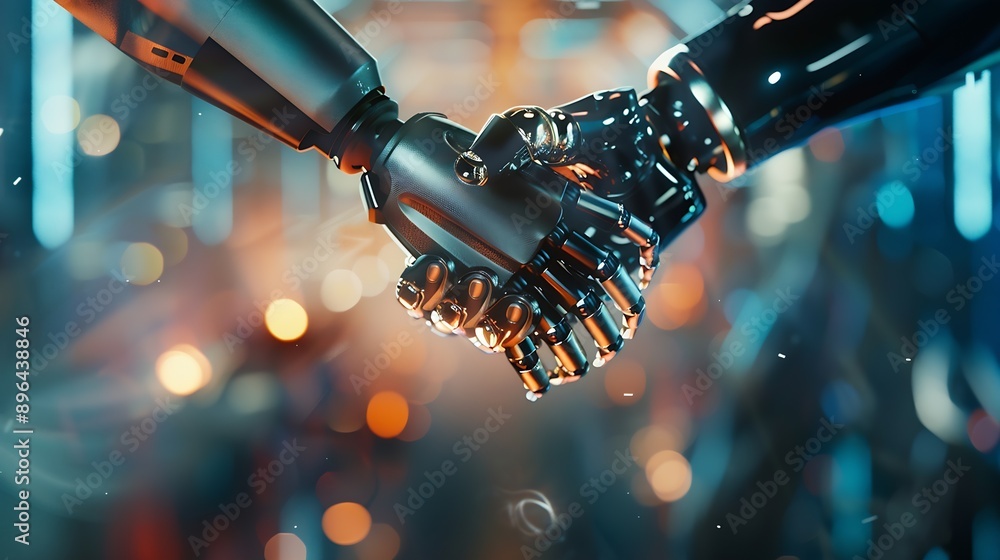 Leinwandbilder mlb mechanized industry robot arm and business handshake double exposure concept of successful agree