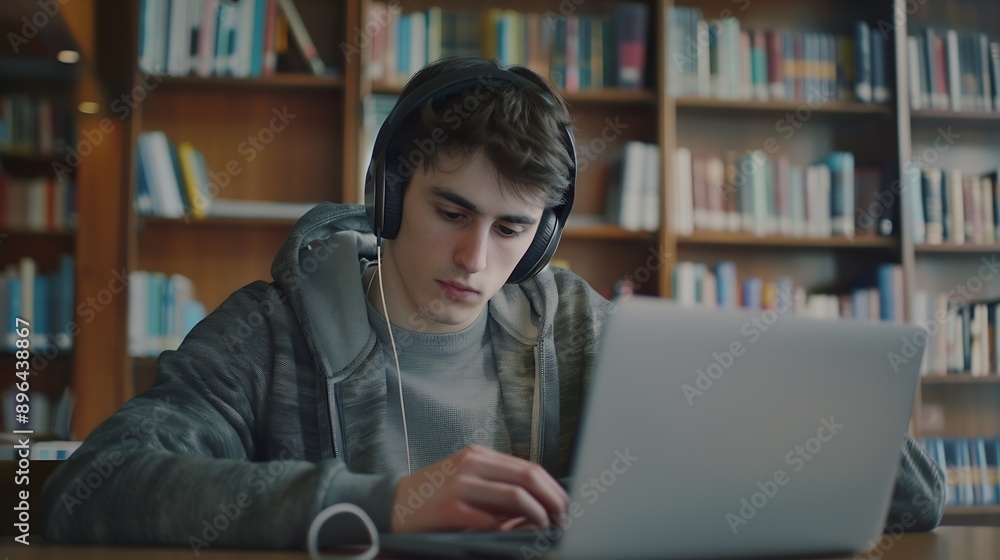 Poster Portrait of a Smart Male Putting On Headphones and Working on a Laptop Computer Young Man Doing a Homework Assignment and Preparing for Political Science Exams in a College Library : Generative AI
