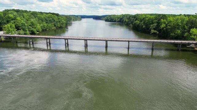 Drone aerial of bridge over lake