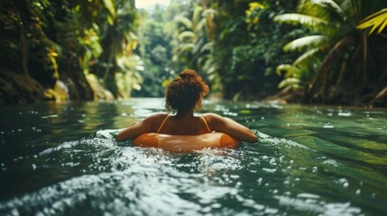 A person floating on an inflatable raft in a river, a peaceful scene