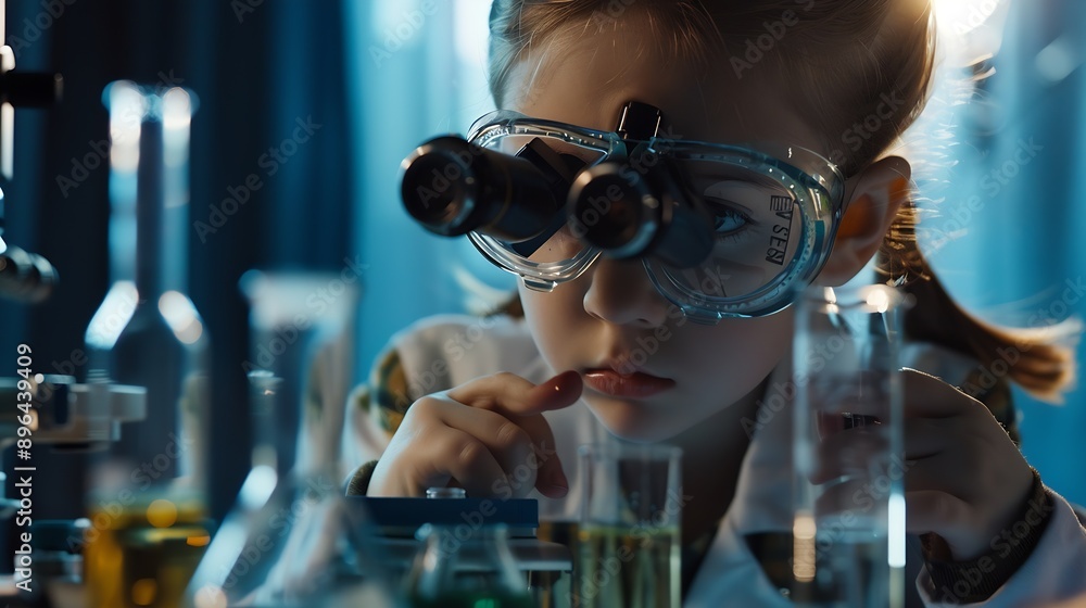 Aufkleber little scientist looking through a microscope and test tubes filled with chemicals for learning about science and experiments : Generative AI