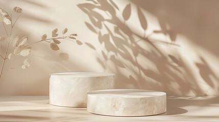 Stone Podium for promotion on beige Background Natural pedestal Two stone podiums with floral shadow Beauty product mockup Scene to show products Showcase display case Front View : Generative AI