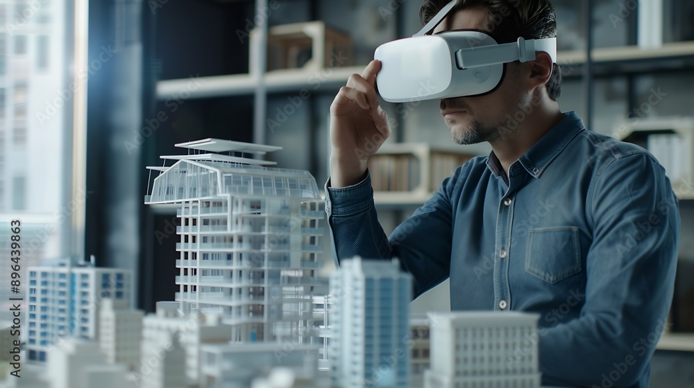 Leinwandbilder Architect man and virtual reality architecture model construction and building with future technology and UX VR goggles design and engineering metaverse and simulation of property deve : Generative AI