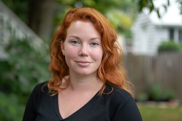 Fototapeta premium Smiling chubby ginger haired housewife posing at her home backyard looking at the camera