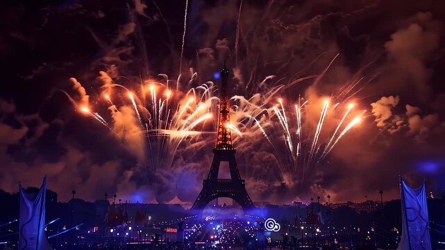 Spectacular fireworks show lights up the eiffel tower in paris, captivating a crowd celebrating the olympic games with joy and excitement during a vibrant summer night