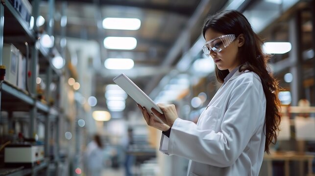 Side view portrait of pretty young woman wearing lab coat and using digital tablet in modern factory workshop copy space : Generative AI