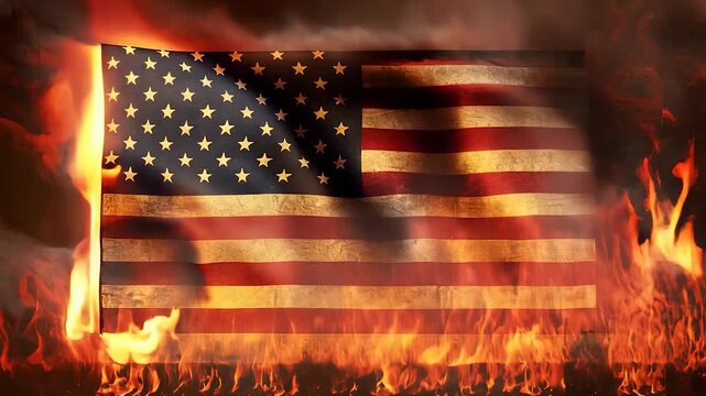 American flag waves in wind, partially engulfed in flames against backdrop intense fire, symbolizing conflict, protest, and struggles surrounding freedom and patriotism. Concept presidential elections