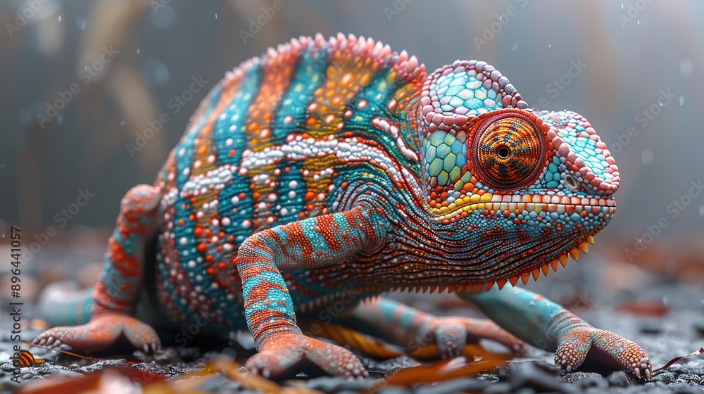 Poster Vibrant Chameleon on Ground Illustration