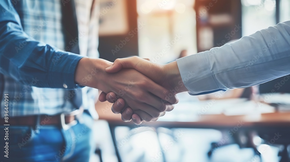 Aufkleber Trust handshake and business people in office for deal welcome or onboarding for b2b collaboration Partnership teamwork and shaking hands for agreement consulting or introduction in me : Generative AI