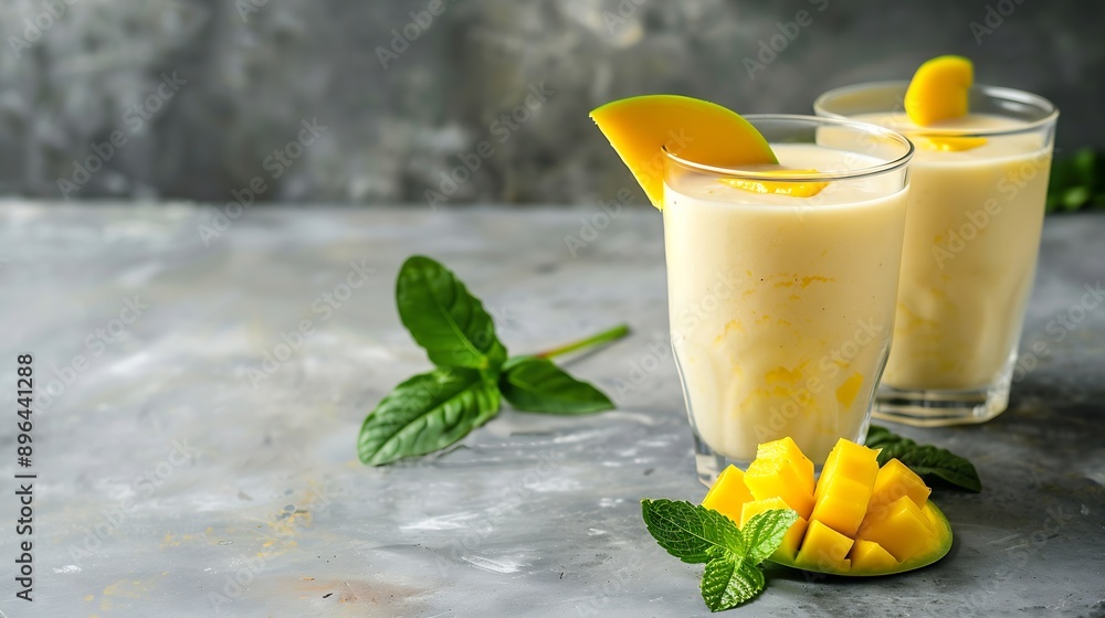 Poster lassi mango traditional indian drink gray background refreshing milkshake side view selective focus 