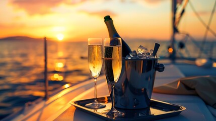 Champagne bottle in ice bucket with champagne glass on the tray for serving to passenger tourist on luxury catamaran boat yacht sailing in the ocean at sunset on summer holiday travel  : Generative AI