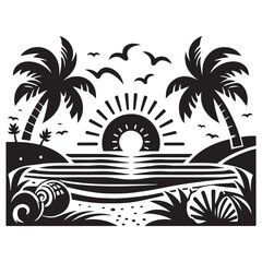 Obraz premium Summer sunset tropical beach line art vector illustration, hand drawn sunset and sunrise outline landscape tropical beach, palm tree with sunset