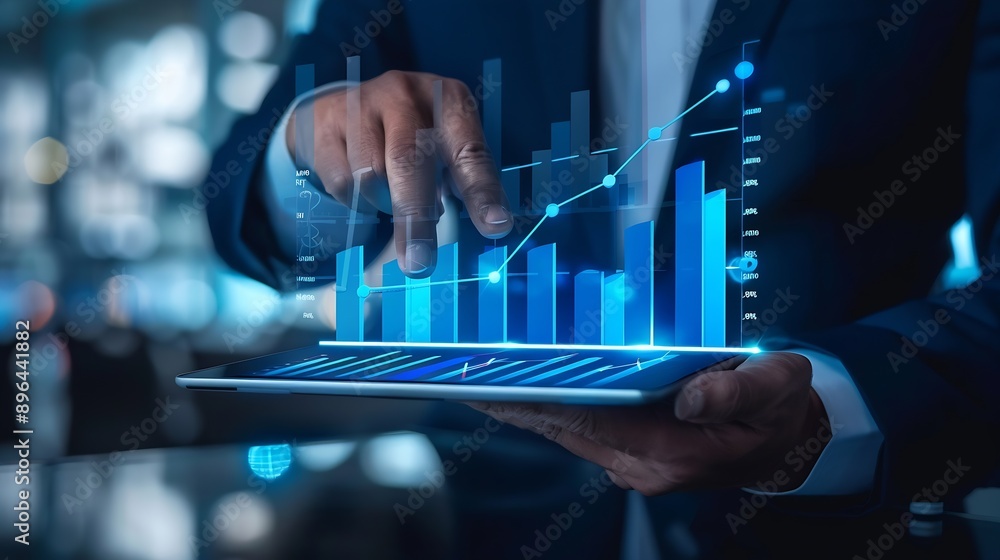 Poster business finance and investment concept businessman using digital tablet analyzing and calculating f