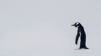 Fototapeta premium A lone penguin on an icy white background.