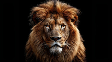 Fototapeta premium A majestic lion with a mane on a solid black background.